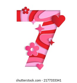 7 Tutorial de San Valentín numérico de San Valentín Día de amor Abstracto Carácter de letra Papel de flor animado Corazón espumoso Brillo Rojo Pink Geografía Mapa de Contorno 3D Tarjeta de recorte de papel Web Banner Vector Ilustración