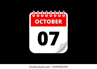 7 October calendar icon text page monthly web design on red, white and black background vector, icon, or illustration with the month of October 7