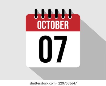 7 October calendar vector icon. Red october date for the days of the month