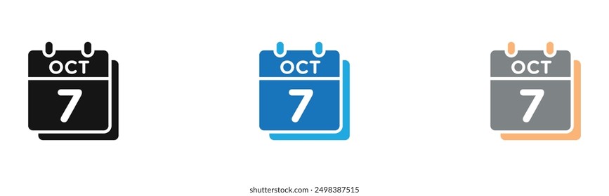 7 october date icon outline collection or set in black and white