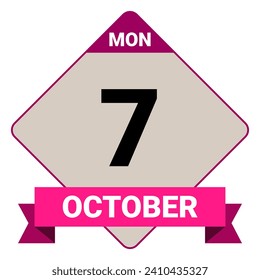 7 de octubre, lunes. Plantilla de fecha. Diseño útil para la promoción de calendarios o eventos. Ilustración vectorial Archivo EPS 10. Aislado sobre fondo blanco. 