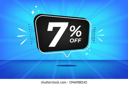 7% off. Blue banner with seven percent discount on a black balloon for mega big sales.