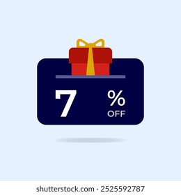 7% off Gift card Discount. Seven percent off gift box. Vector illustration. Flat icon.
