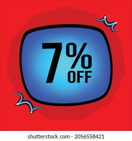 7% de descuento , 7%, retangle azul, fondo rojo, número siete.