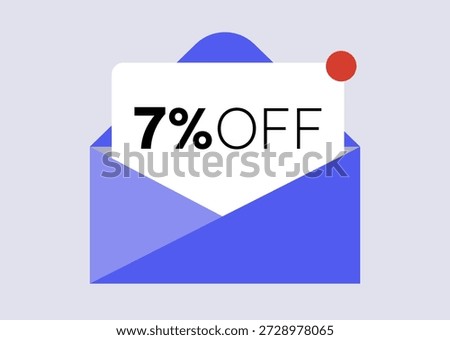 7% off. Seven percent discount. Envelope with promotion. Sale discount coupon message mailing. Sending advertising emails. Vector illustration.