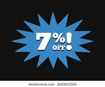 7% OFF. Seven percent off sale. Discount offer price sign. Typography in trendy retro 90s style. Vector illustration.