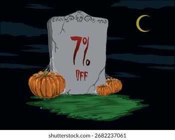 7% off  Tombstone sticker with pumpkins at night with a half moon in the sky - Halloween