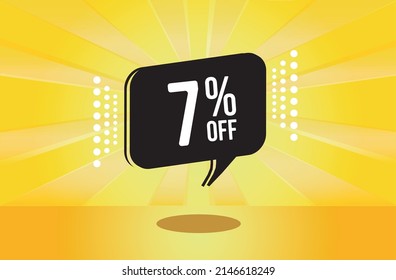 7% off. Yellow banner with seven percent discount on a black balloon for mega big sales.