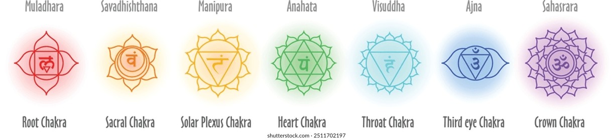 7 Om Chakra Glowing icon yoga zen symbol minimal simple. Muladhara, Savadhishthana, Manipura, Anahata, Visuddha, Ajna, Sahasrara, zen and peaceful