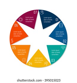 7 options infographic banner. Circular workflow layout with triangle parts. Number banner template for diagram, presentation or chart. Progress steps for tutorial. Business concept sequence banner.