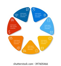 7 options infographic banner. Circular workflow layout with triangle parts. Number banner template for diagram, presentation or chart. Progress steps for tutorial. Business concept sequence banner.