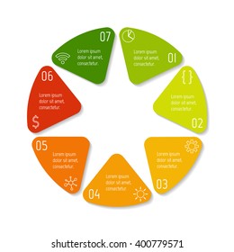 7 options infographic banner. Circular workflow layout with triangle parts. Number banner template for diagram, presentation or chart. Progress steps for tutorial. Business concept sequence banner.