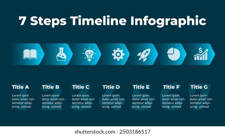 7 Optionen Teile Timeline. Infografik-Roadmap Pfeildiagramm. Vorlage für Pfadpräsentation. Straßenpfeil Workflowstruktur. Schritte Aufgabenbereich. Chronisches Flussdiagramm