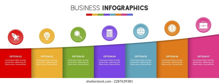 7 options or 7 steps Infographics design template and icons. use as workflow process diagram, business data  presentation, timeline layout, milestone, banner, brochure, flow chart