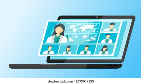 7 Panel Doctor TV Video Web Conference Teleconference. Scientist Surgeon Specialist Medical Expert Nurse Pharmacy Online Virtual Meetings. Hospital Team Remote Work Flatten The Curve COVID-19 Pandemic