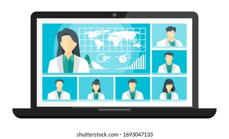 7 Panel Doctor TV Video Web Conference Teleconference. Scientist Surgeon Specialist Medical Expert Nurse Pharmacy Online Virtual Meetings. Hospital Team Remote Work Flatten The Curve COVID-19 Pandemic