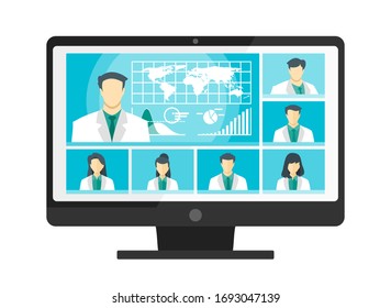 7 Panel Doctor TV Video Web Conference Teleconference. Scientist Surgeon Specialist Medical Expert Nurse Pharmacy Online Virtual Meetings. Hospital Team Remote Work Flatten The Curve COVID-19 Pandemic