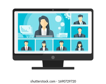 7 Panels Online Virtual Remote Meetings, TV Video Web Conference Teleconference Female Main. Company CEO President Executive Manager Boss Employee Team Work Learn From Home WFH PC Live Stream Webinars