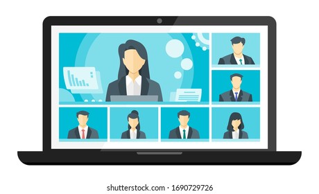 7 Panels Online Virtual Remote Meetings, TV Video Web Conference Teleconference Female Main. Company CEO President Executive Manager Boss Employee Team Work Learn From Home WFH Live Stream Webinars