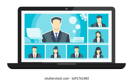 7 Panels Online Virtual Remote Meetings, TV Video Web Conference Teleconference Call  Male Main. Company CEO President Executive Manager Boss Employee Team Work Learn From Home WFH Live Stream Webinar