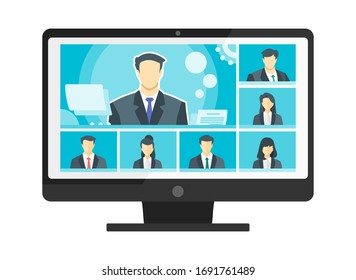 7 Panels Online Virtual Remote Meetings, TV Video Web Conference Teleconference with Male Main. Company CEO President Executive Manager Boss Employee Team Work Learn From Home WFH PC Live Stream Webin