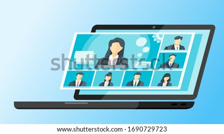 7 Panels Online Virtual Remote Meetings, TV Video Web Conference Teleconference Female Main. Company CEO President Executive Manager Boss Employee Team Work Learn From Home WFH Live Stream Webinars
