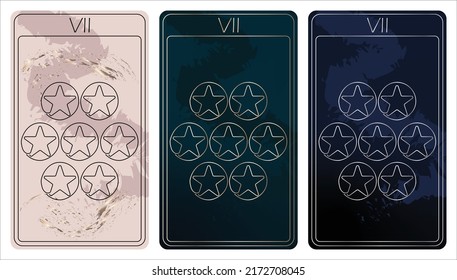 7 of Pentacles. A card of Minor arcana one line drawing tarot cards. Tarot deck. Vector linear hand drawn illustration with occult, mystical and esoteric symbols. 3 colors. Proposional to 2,75x4,75 in