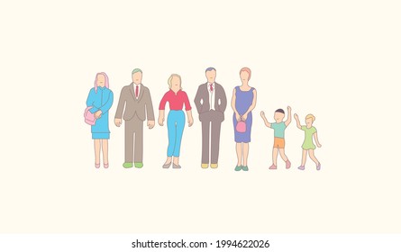 7 people soft colored 3 women 2 male, 2 children kids, males with suit and jackets, womens with dress, pants, trousers, modern clothes, big happy family, nice colors, all isolated with smooth lines.