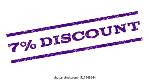 7 Percent Discount watermark stamp. Text caption between parallel lines with grunge design style. Rubber seal stamp with scratched texture. Vector indigo blue color ink imprint on a white background.