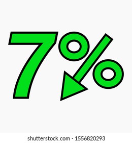 The 7 percent drop green icon. Price drop. Interest rate reduction. Stock symbol. Discount. Markdown of goods. Bonus discount. Vector icon.