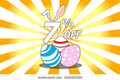 7 percent off. Banner with colorful easter eggs, bunny ears and background with yellow and orange gradient rays