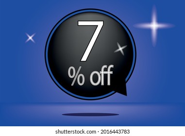 7 percent off black balloon and floating. with blue background, banner 7% off blue, shadow