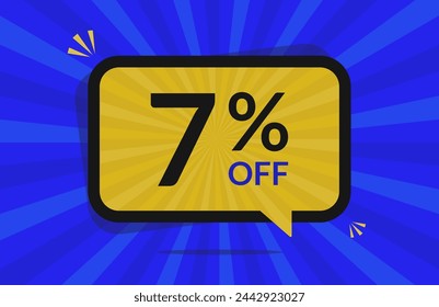 7 percent off. 7% discount. Blue and Yellow banner with floating balloon for promotions and offers.