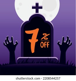 7 percent off. tomb with the phrase "7% off" and with zombie hands coming out of the ground. main color is purple