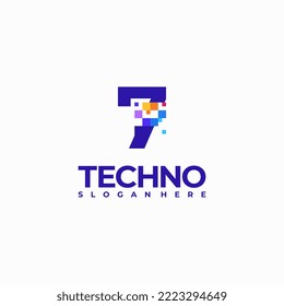 7 Plantilla de diseño de logotipo de número de píxeles, concepto de símbolo del logotipo de la tecnología de píxeles