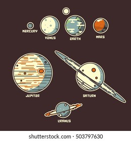 7 planets of solar system. Rounded lineart.