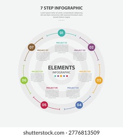 7 points template infographic outline style with 7 point stage or step template with big circle with line and circular cycle for slide presentation vector