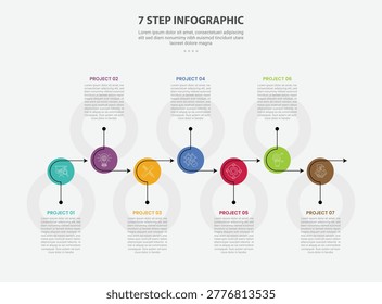 7 points template infographic outline style with 7 point stage or step template with big circle and arrow on right direction and content upside down for slide presentation vector