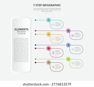 7 points template infographic outline style with 7 point stage or step template with vertical round rectangle box with discussion speech bubble box and long line pointer for slide presentation vector