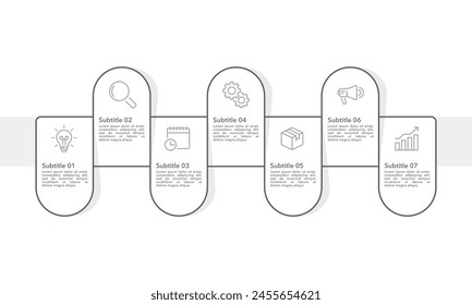 7 Prozess Infografik Label alternierende dünne Linie einfache Design-Vorlage. Banner, Broschüre, Poster und Business-Präsentation. Vektorillustration.