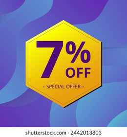 7% Sale and Discount Label. Seven percent Sale Discount label Geometric design. Abstract Blue and Yellow Hexagon. Vector illustration.