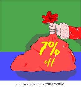 7% santa claus holding a christmas bag on sale discount percentage holiday december red yellow golden green blue