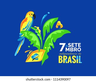 7 September. Brazil Independence Day greeting card. Colorful banner with parrot and palm leaves. Bright brazilian national colors. Vector illustration