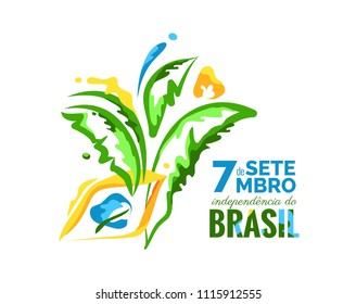 7 September. Brazil Independence Day greeting card. Colorful banner with flag and palm leaves. Bright brazilian national colors. Vector illustration