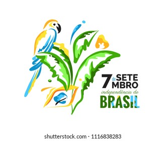 7 September. Brazil Independence Day greeting card. Colorful banner with parrot and palm leaves. Bright brazilian national colors. Vector illustration