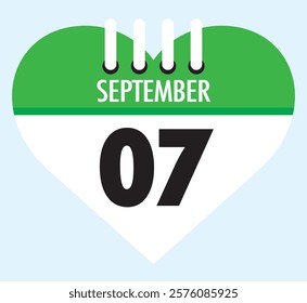 7 September calendar icon green heart shape on light sky blue color background, calendar vector symbol for the month of September.