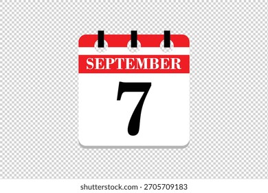 7 September Calendar icon vector, 7 dates of September month calendar icon, dates of September 7 icon calendar, vector calendar icon.