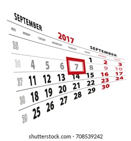 7 September highlighted on calendar 2017. Week starts from Monday. Vector Illustration.