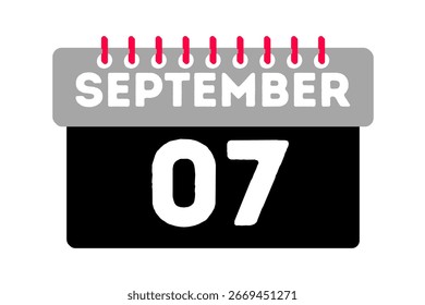 7 September Monat einzelner Tag Vektor, Illustration, Kalender mit Asche, schwarz, rot und weiß Farbe Hintergrund Kalender Symbol September 7