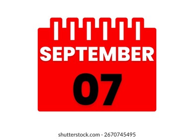 7 setembro mês vetor dia único dia, ilustração, calendário com vermelho, preto e branco ícone de calendário de fundo de cor de 7 de setembro